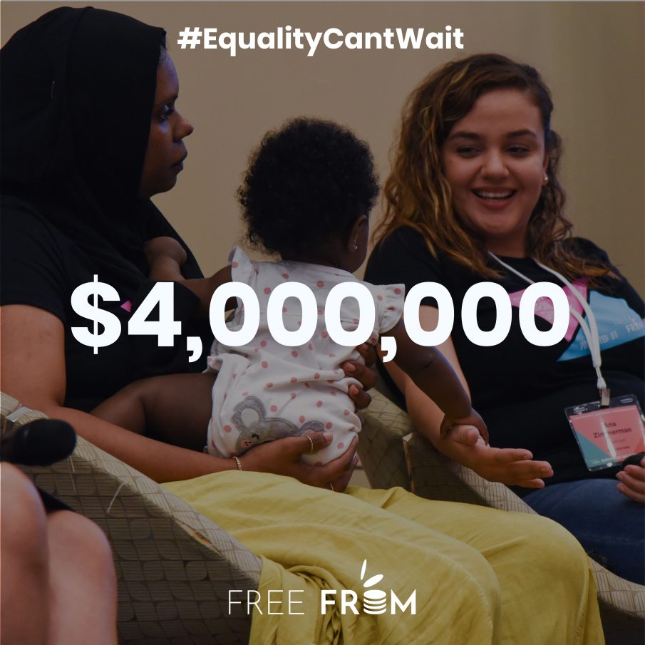 Photo of two people and a baby sitting on a stage. On top of the photo there is text: "#EqualityCantWait" and "$4,000,000." The FreeFrom logo is at the bottom in white.